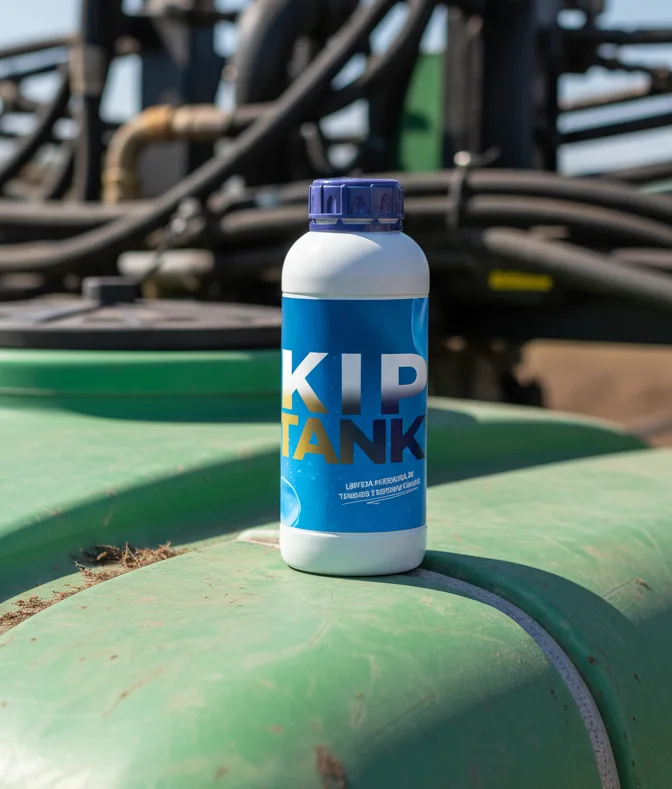 Produto Kip Tank sobre tanque de pulverizador, representando a limpeza profunda e a proteção dos equipamentos.