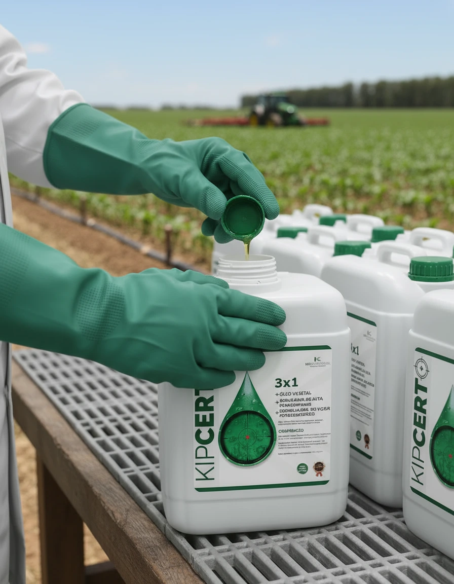 Aplicação do produto Kip Certo em lavoura verde, destacando o aumento da produtividade e a qualidade da calda nas fases vegetativas e reprodutivas.